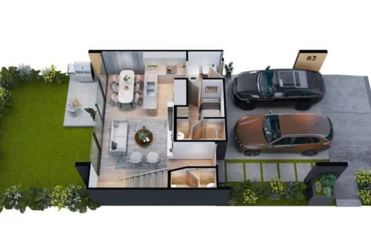 Modern 3D house floor plan with bedrooms, bathrooms, garden area Green City Panama