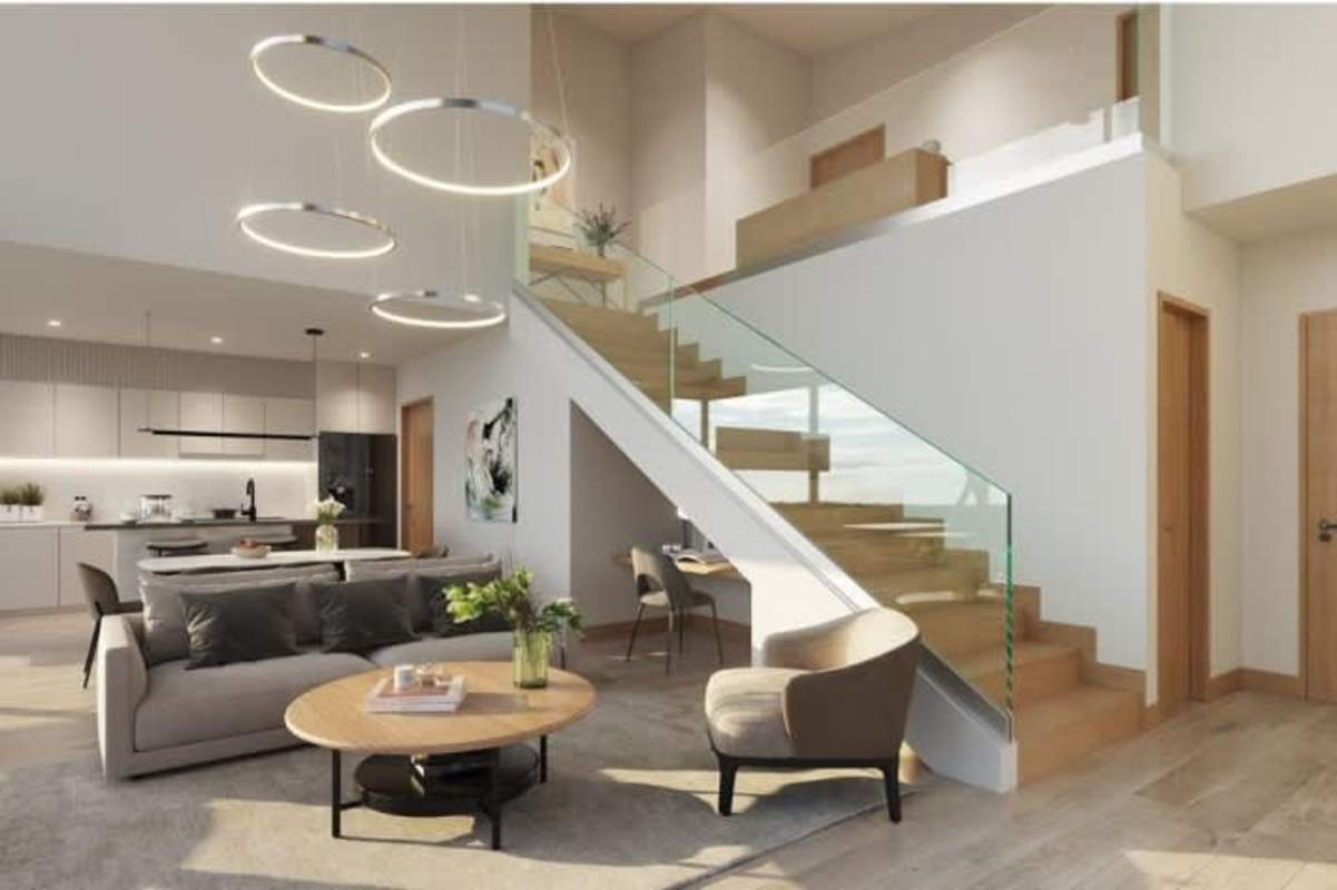 Modern home office space with large window garden view in villa Green City