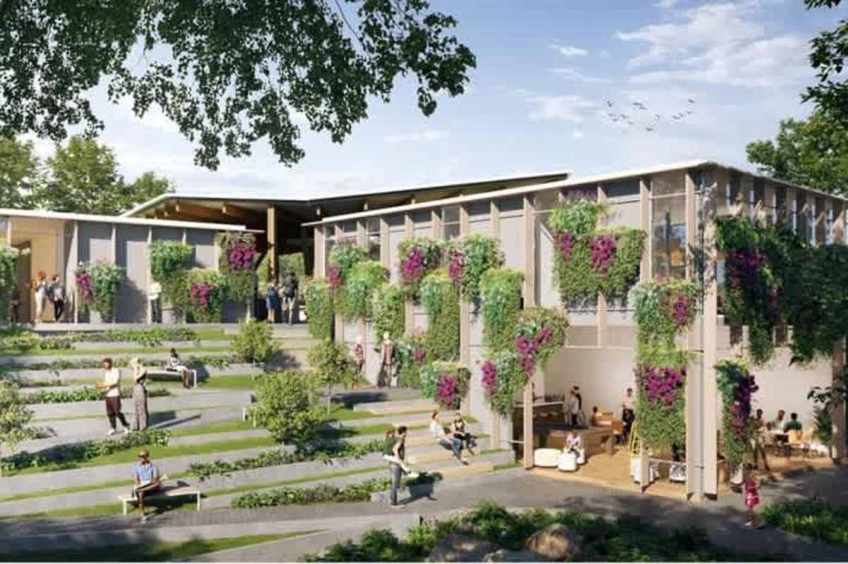 Overhead view soccer field basketball court pools playground Green City Panama