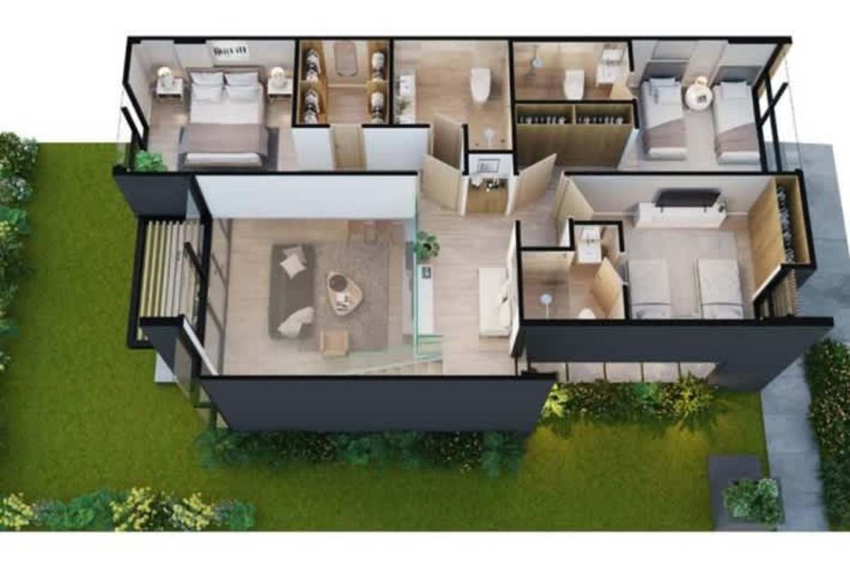 Overhead view of sports fields pool walking trails in Green City Panama