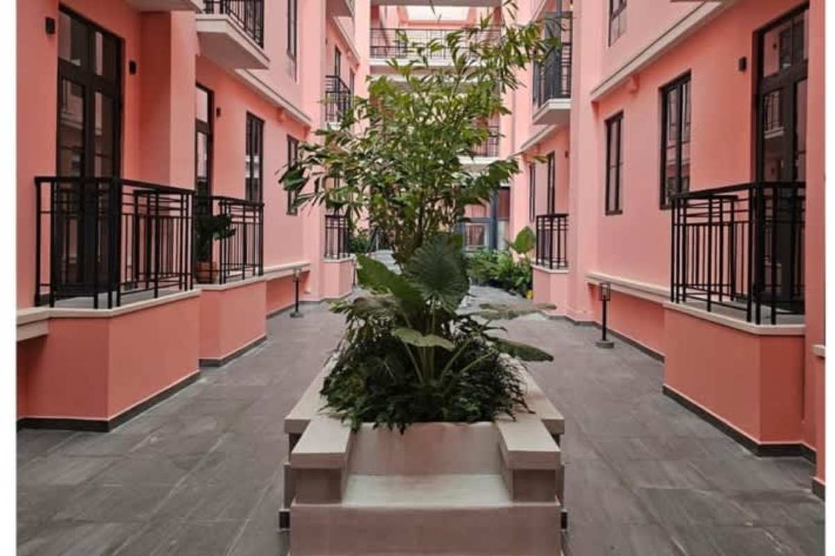 Inner courtyard with plants and balconies in Casco Viejo restored residence Panama City