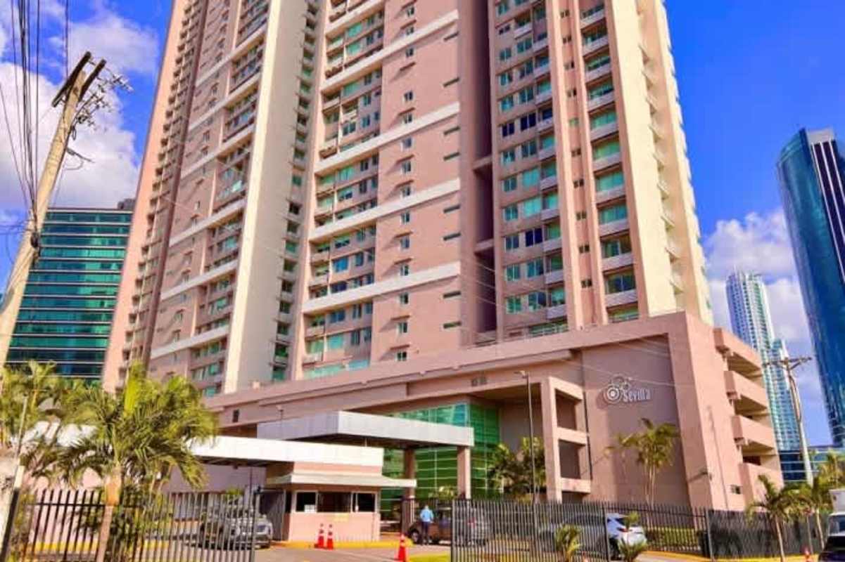 Tall Panama City condominium tower balconies skyline view PH Sevilla Costa del Este