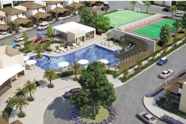 Aerial showing pool, playground, tennis court, parks at Riverview Costa Verde Panama