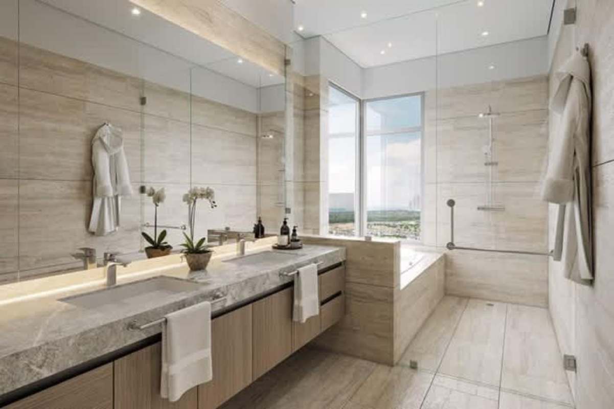 Spa-like bathroom with marble double vanity, glass shower, freestanding tub and panoramic window in Santa Maria Panama