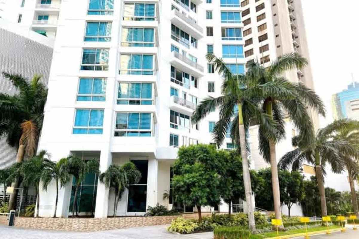 View of PH Castellammare modern condo tower in Costa del Este Panama City