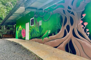 Eco lodge building with tropical mural surrounded by rainforest near Lake Gatun