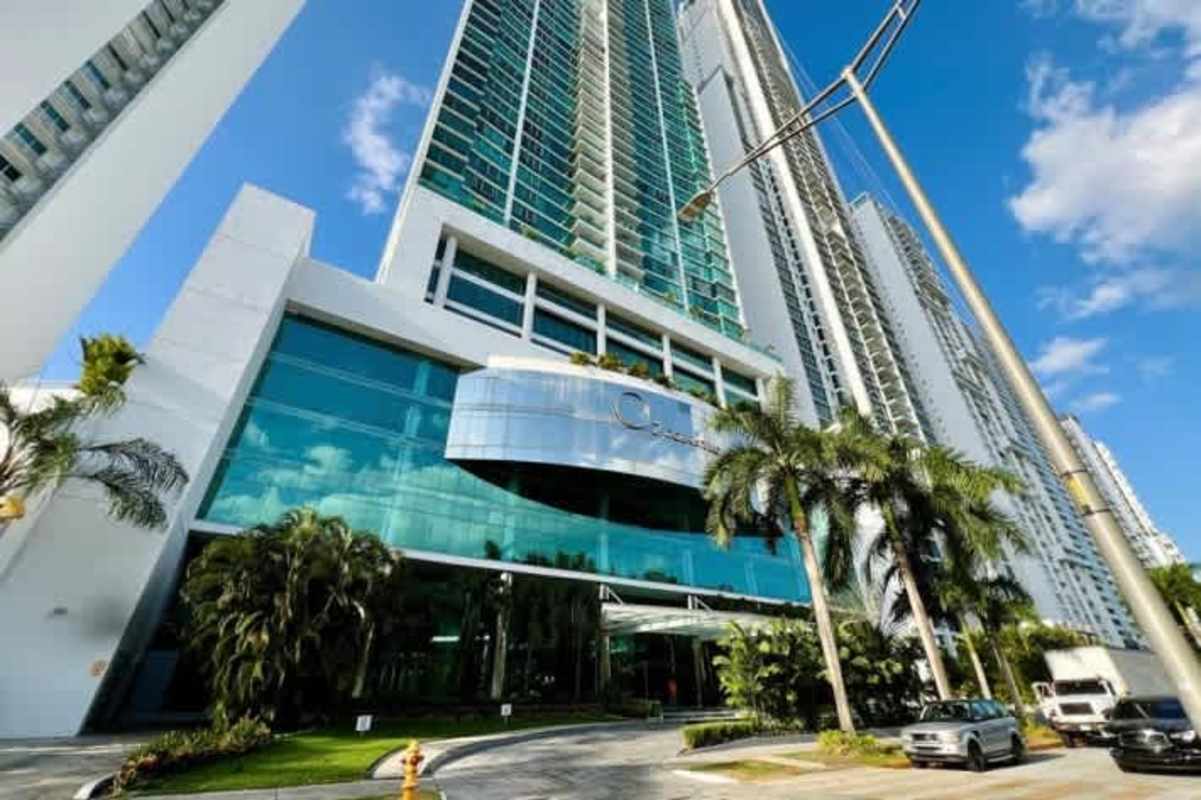 Contemporary high-rise condominium with landscaped entrance Costa del Este Panama
