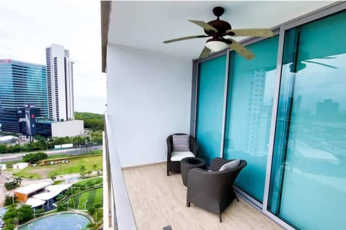Private balcony overlooking Pacific ocean from luxury condo in Costa del Este PH Oceana Panama
