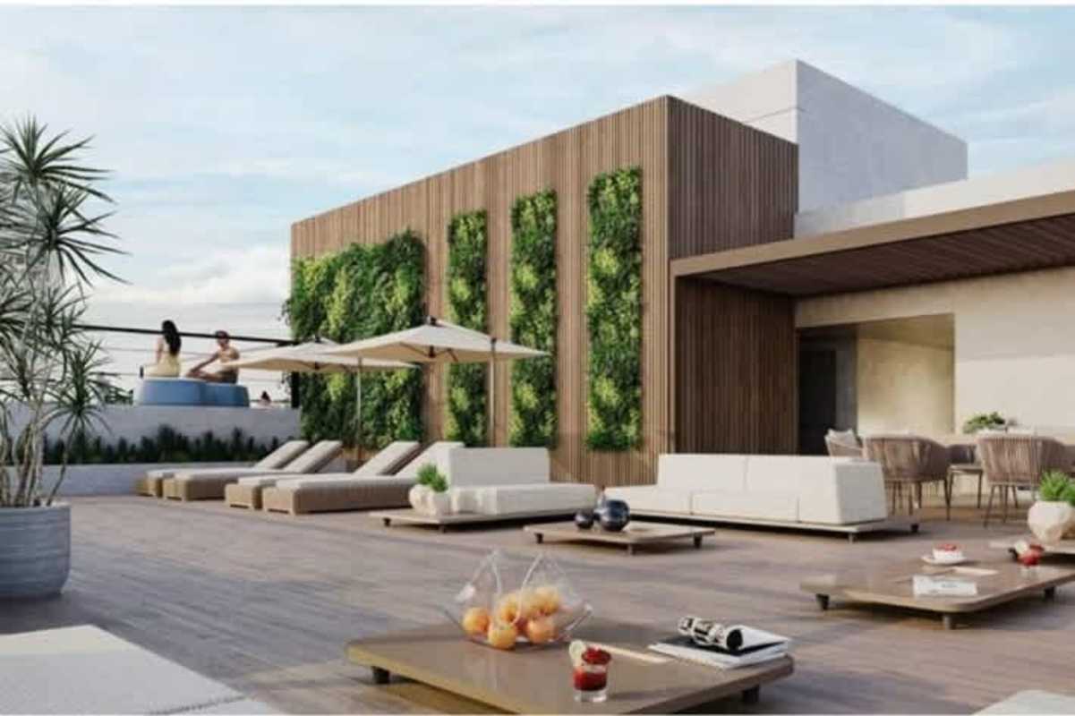 Rooftop terrace with hot tub, lounge seating, vertical garden at PH Bella Vista 360 Panama City