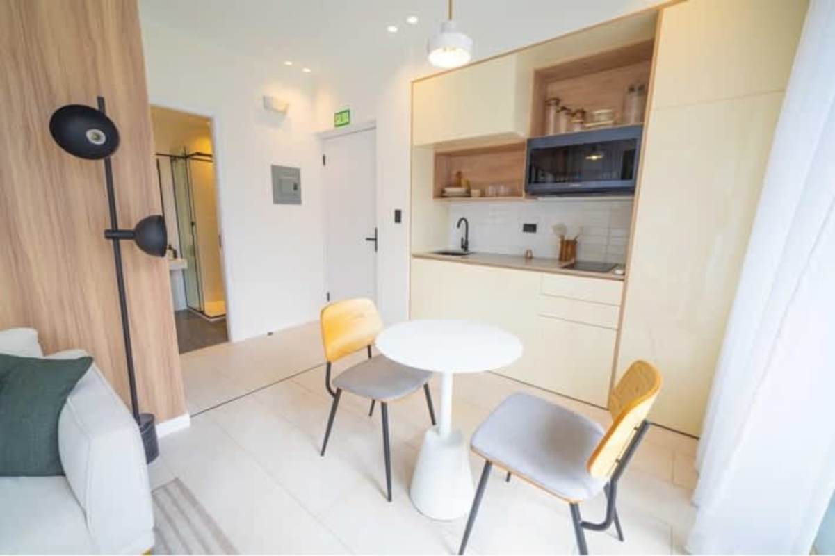 Open plan living space with modern kitchenette, sofa, wood accents in Bella Vista 360 Panama apartment