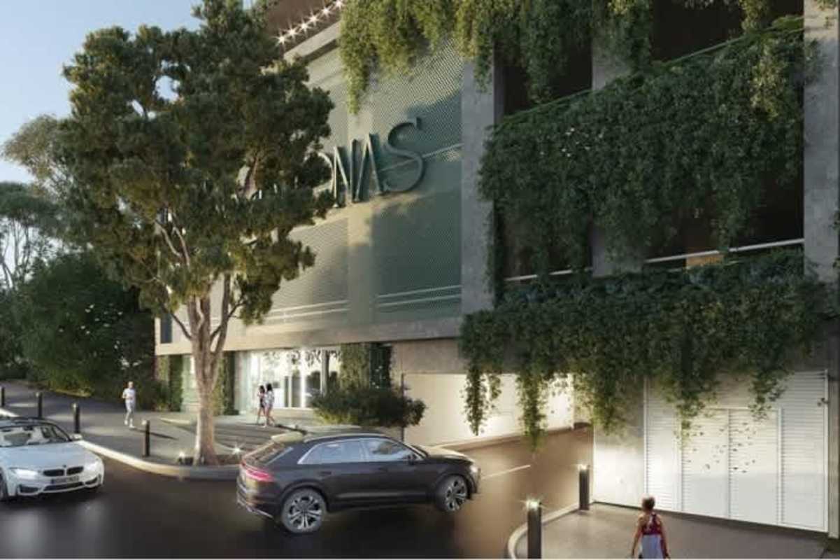 Modern facade Amazonas Tower with vertical garden and commercial access Avenida Balboa Panama