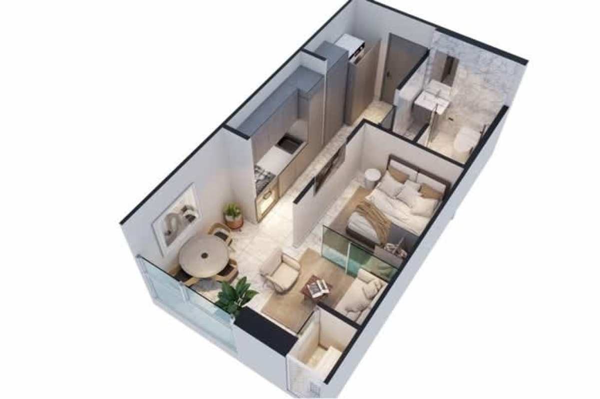 3D floor plan modern apartment with living, dining area, balcony, located in Amazonas Avenida Balboa Bella Vista Panama