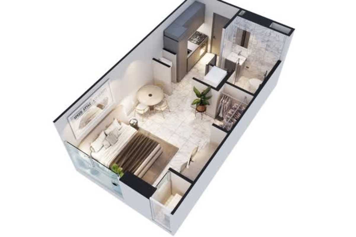 3D layout studio apartment modern design with kitchenette balcony Amazonas Bella Vista Panama