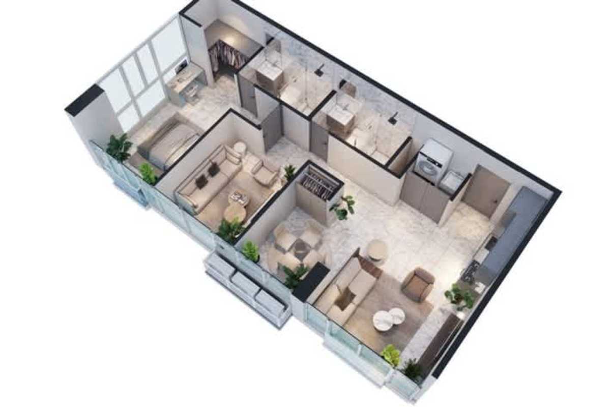 3D rendering two bedroom layout walk-in closets open space PH Amazonas Bella Vista Panama