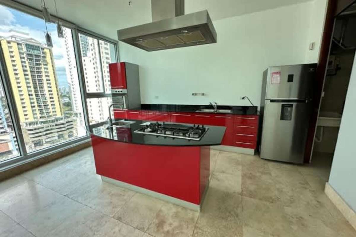 Open plan living room large windows double height mezzanine PH Loft Four 41 Punta Pacifica Panama