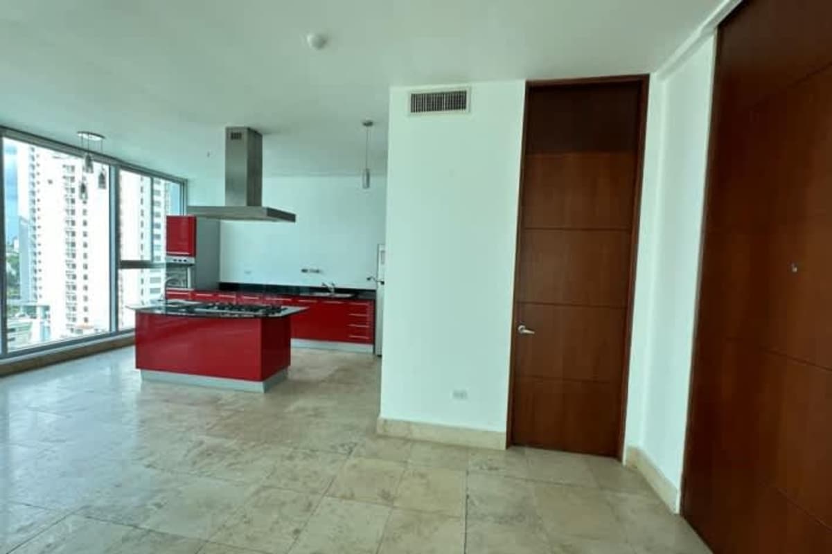 Modern loft kitchen with red cabinets island and appliances PH Loft Four 41 Panama City