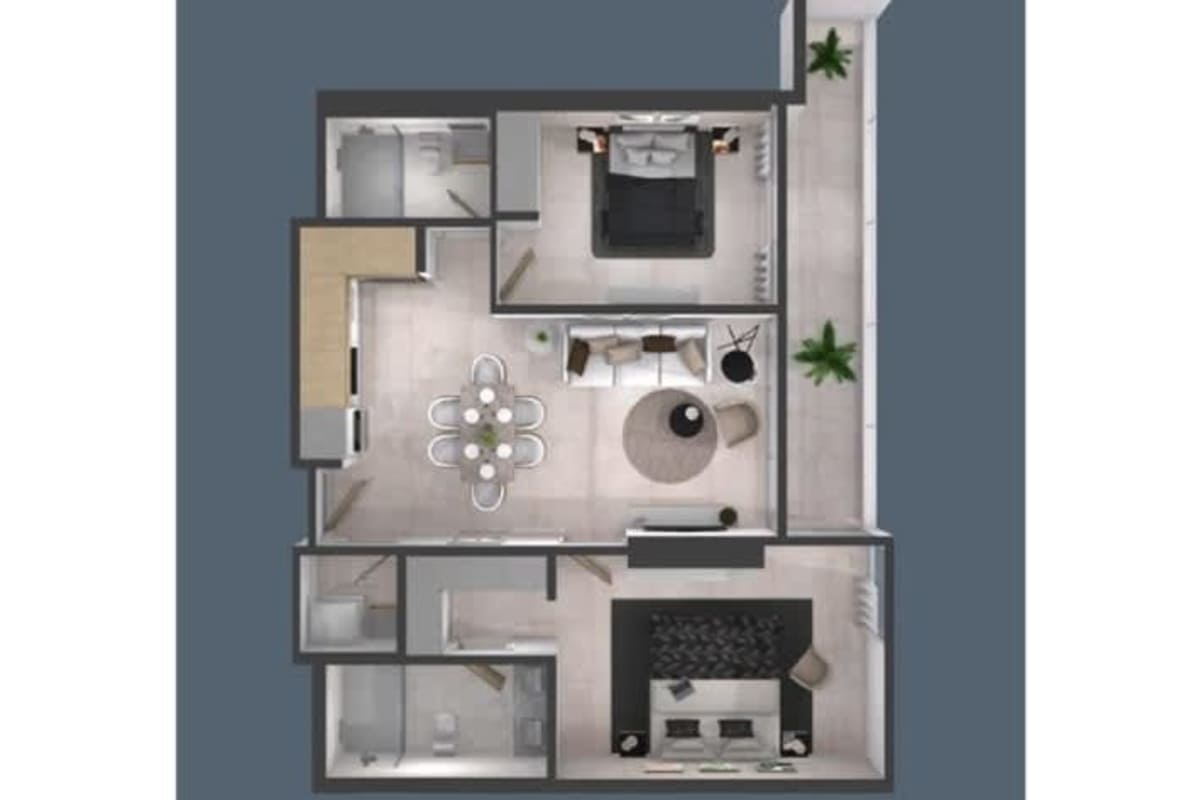 Aerial view of modern 2-bedroom apartment with balcony, open living dining and office at Oceana Santa María Panama