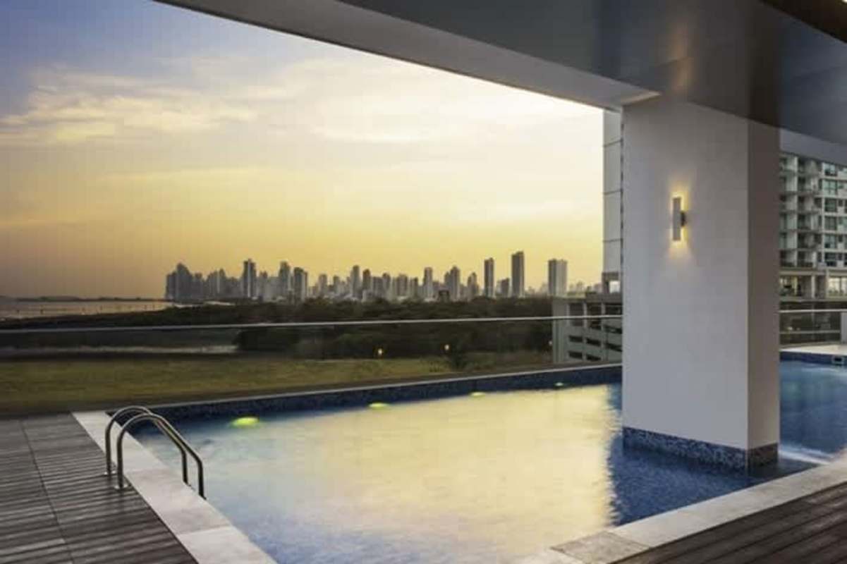 Private balcony with ocean and skyline view in Costa del Mar apartment Panama City