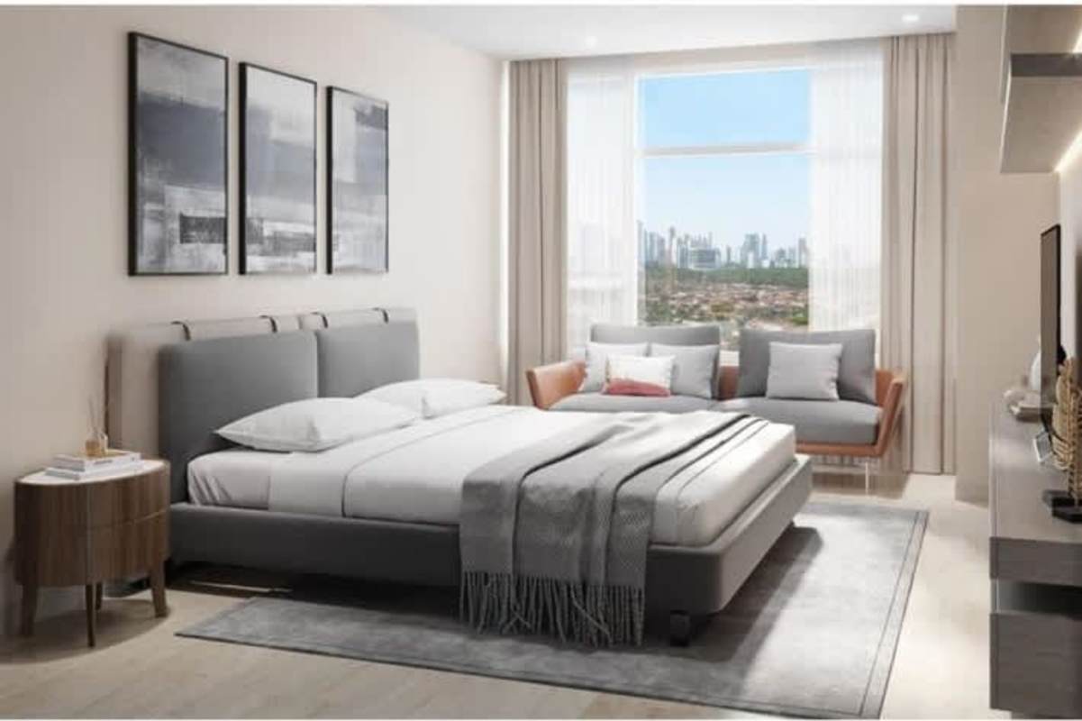 Master bedroom with city and golf views, large window, modern decor PH Santa Maria