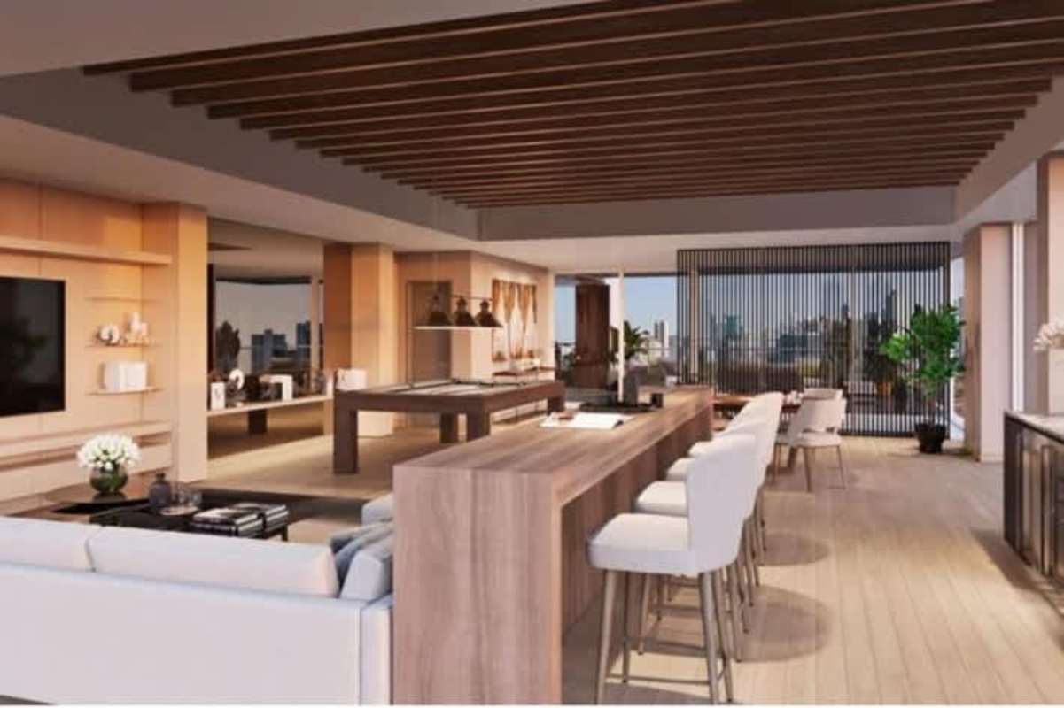 Open concept living dining kitchen area with city view Santa Maria Golf Panama