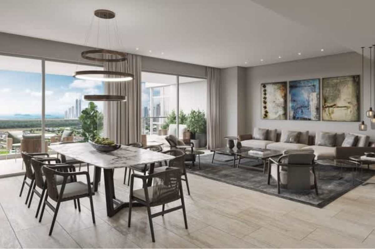 Modern kitchen with quartz island premium cabinetry luxury penthouse in Guayacán Santa María Panama