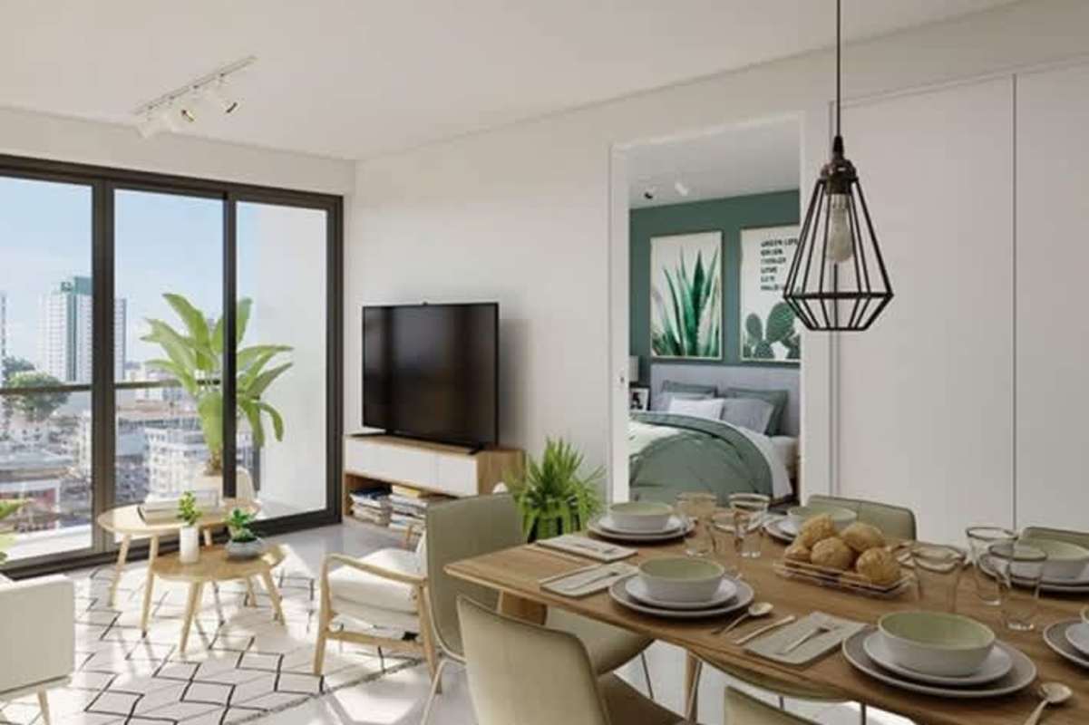 Bright living dining area with large windows city view in Balboa District Panama City Panama