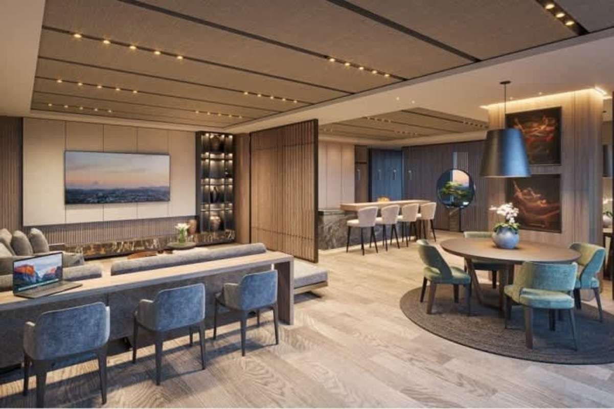 Grand entrance lobby with marble and wood accents, modern lighting in Santa Maria Golf Panama