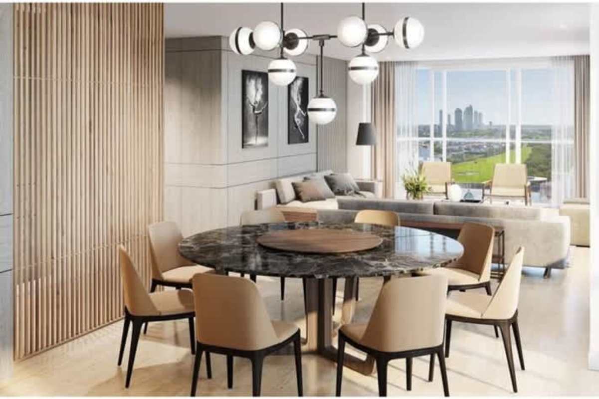 Modern balcony with panoramic golf course and city skyline views in Santa María Panama