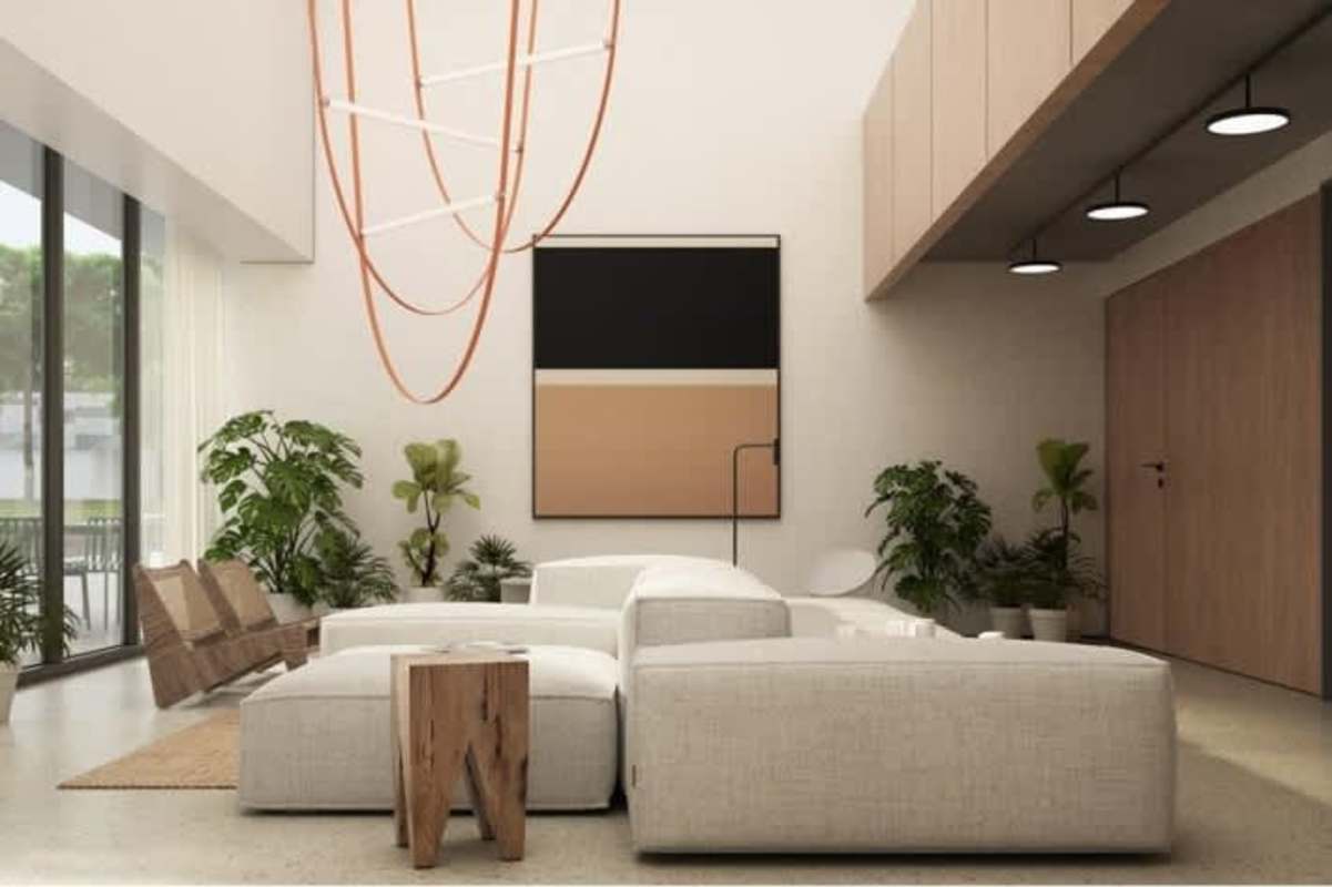 Living and dining area with large windows, minimal decor in PH Bella Vita Panama