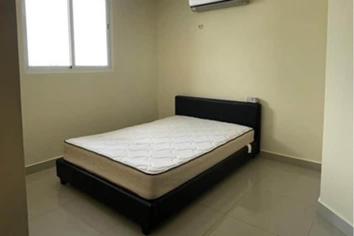 Minimalist bedroom with large window, AC unit, tiled floors in PH Miyaki Obarrio Panama City