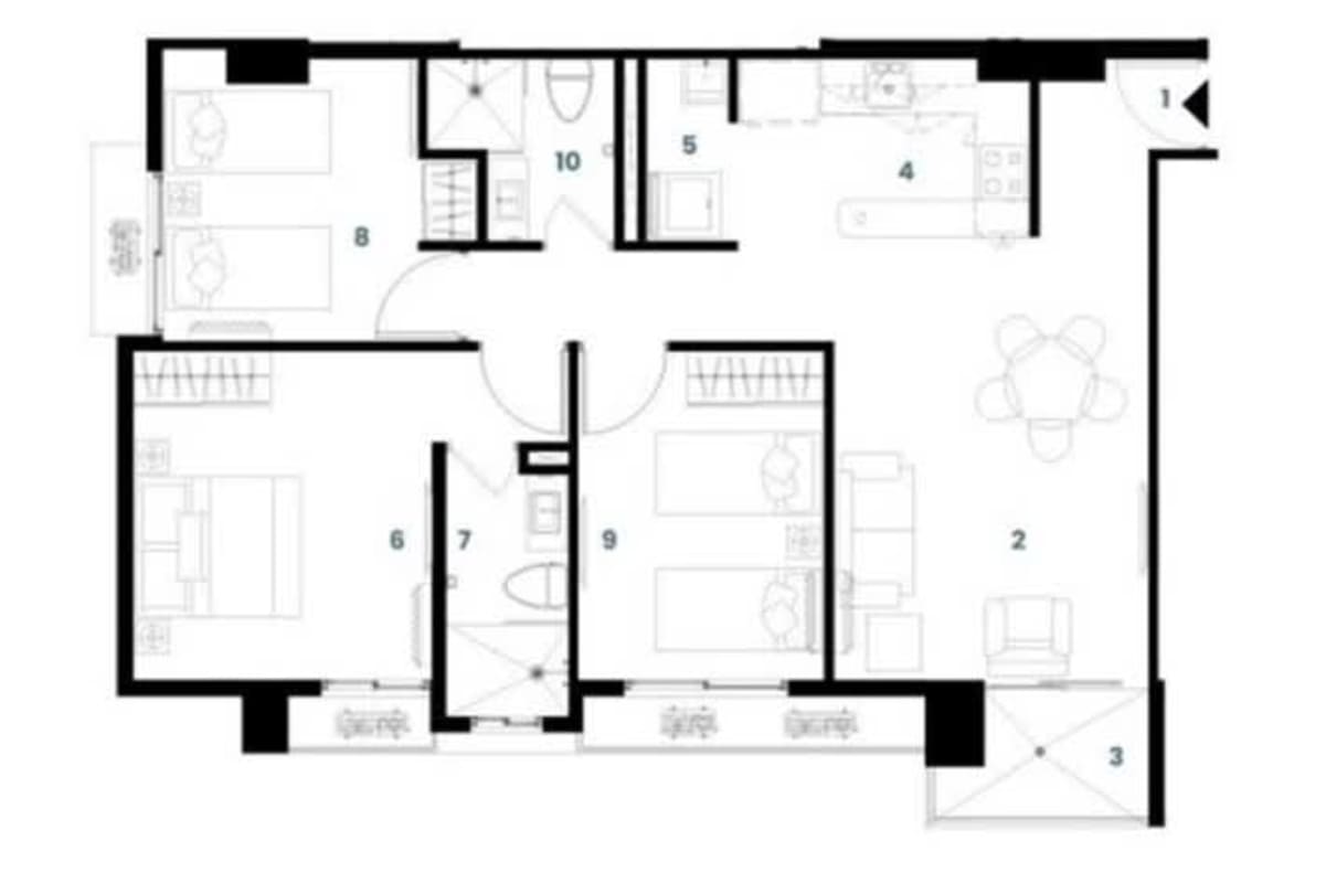 Modern apartment floor plan layout with 3 bedrooms, 2 bathrooms, kitchen, balcony at PH Altamira Gardens Condado del Rey Panama City