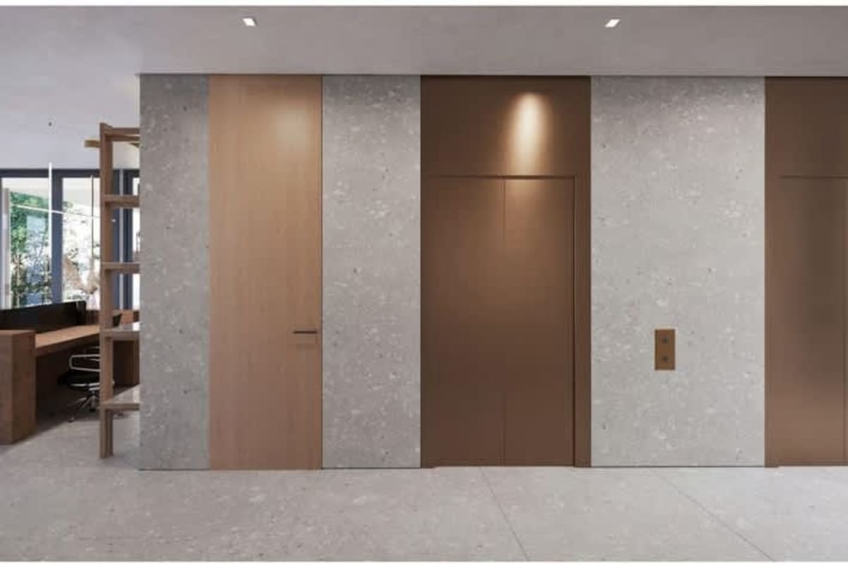 Modern lobby entrance waterfront apartment building Panama City Hola Realty