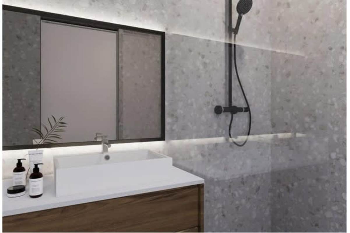 Contemporary bathroom with walk-in shower in canalfront apartment Amador for sale