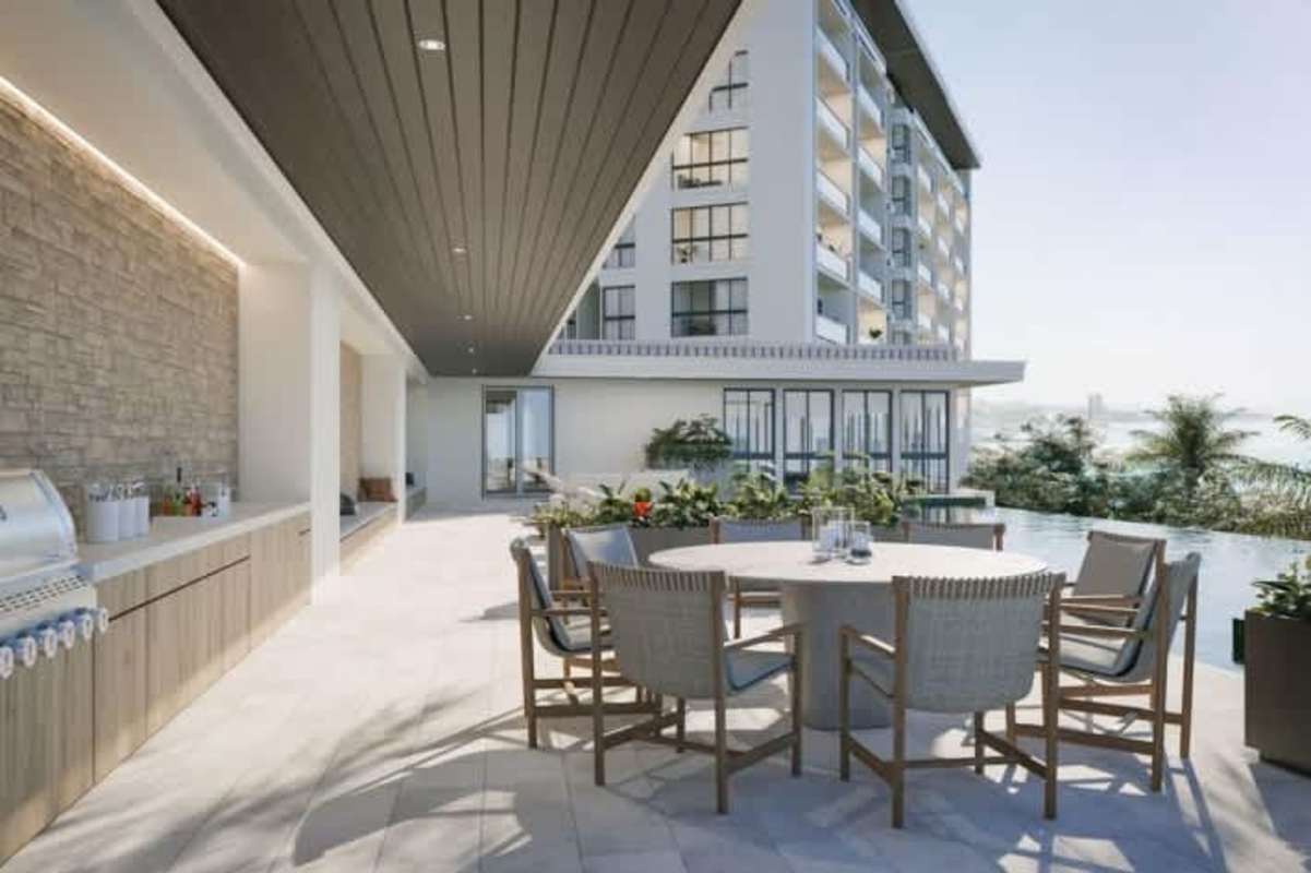 Modern outdoor kitchen BBQ lounge with ocean view luxury apartment Panama for sale