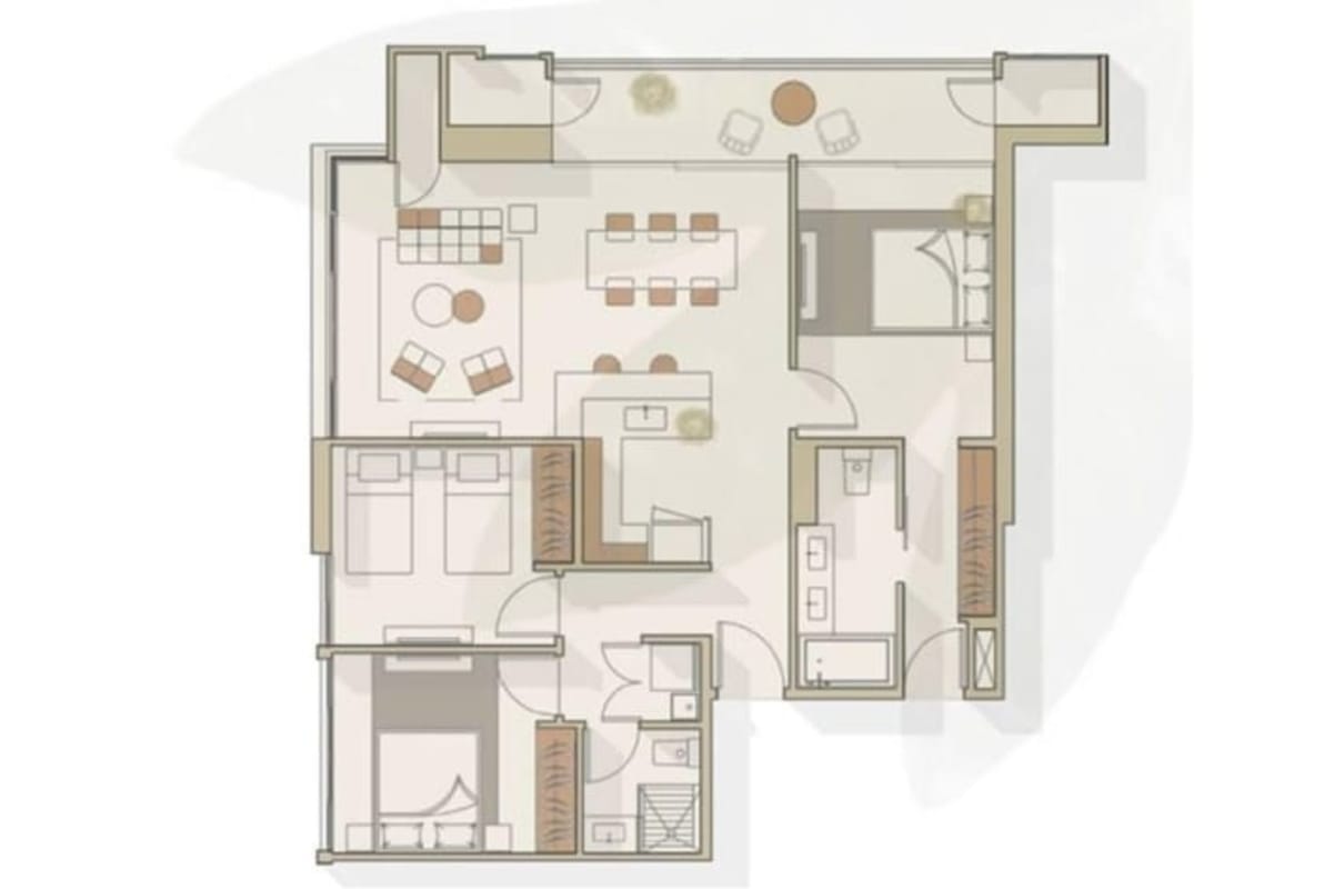 Three bedroom apartment floor plan with open living dining and double balcony in PH Amador Edge Panama