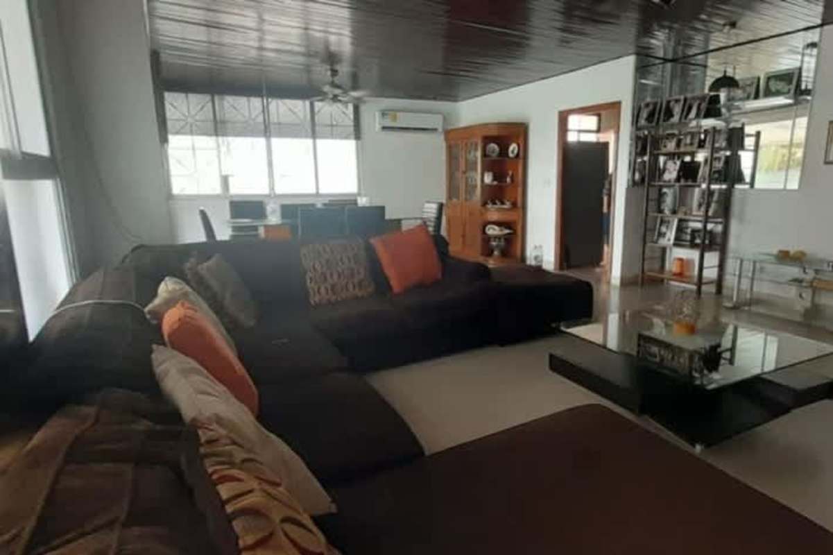 Skyline view with palm trees and lush tropical greenery from rooftop terrace in Betania Panama