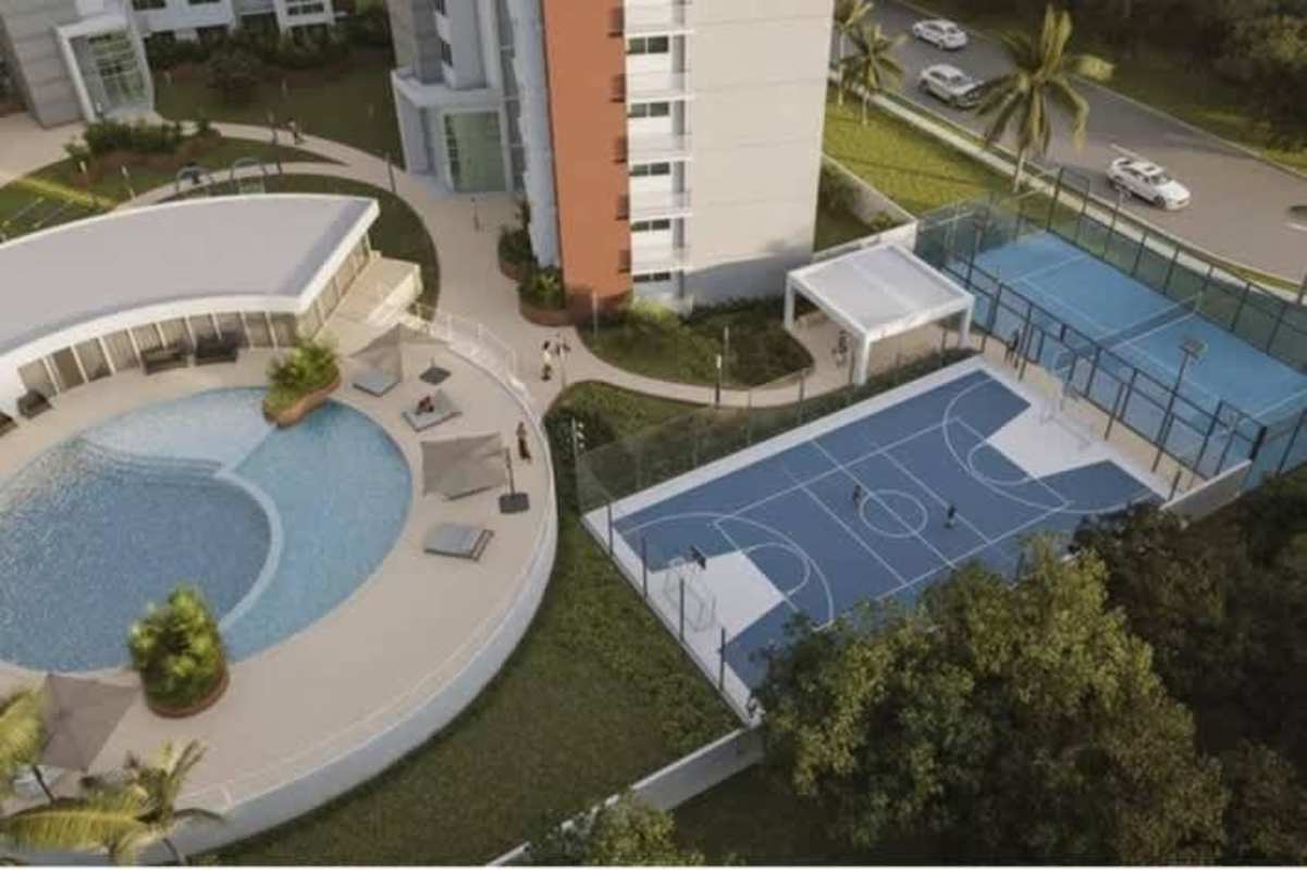 Aerial view of swimming pool, basketball and tennis courts, gardens at Albrook Residences Panama