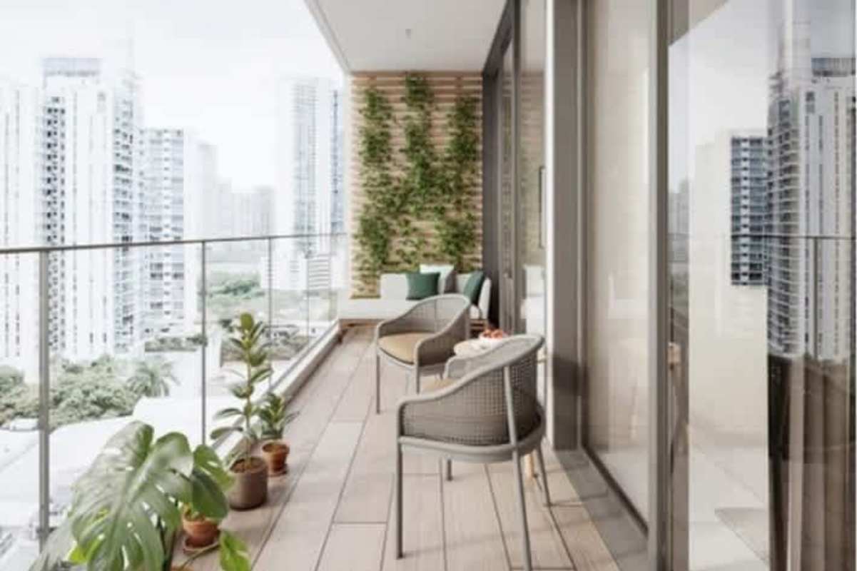 Balcony with glass railing city skyline view from PH Bella Vista 360 smart apartment