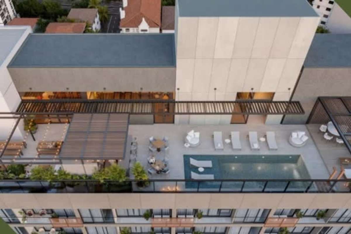 Aerial view rooftop terrace pool lounge shaded pergola in Bella Vista 360 Panama City condo