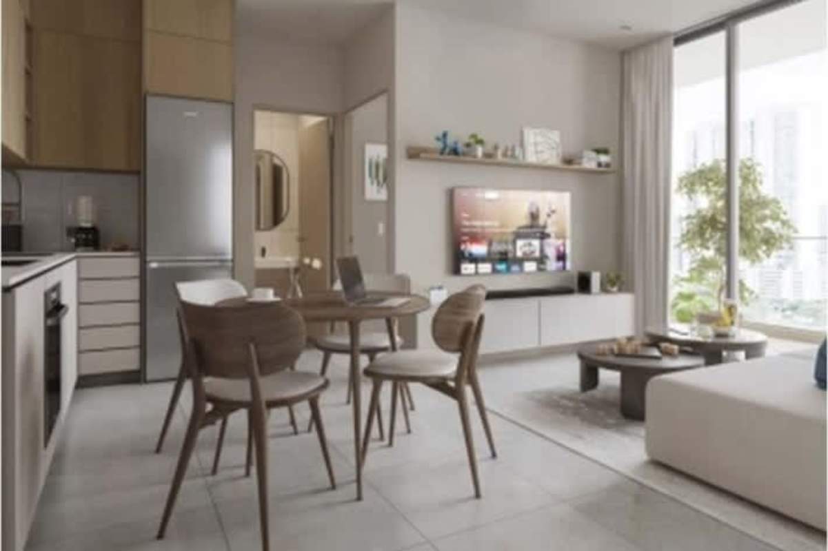 Open plan kitchen, living, dining space with city views at PH Vibe Bella Vista Panama