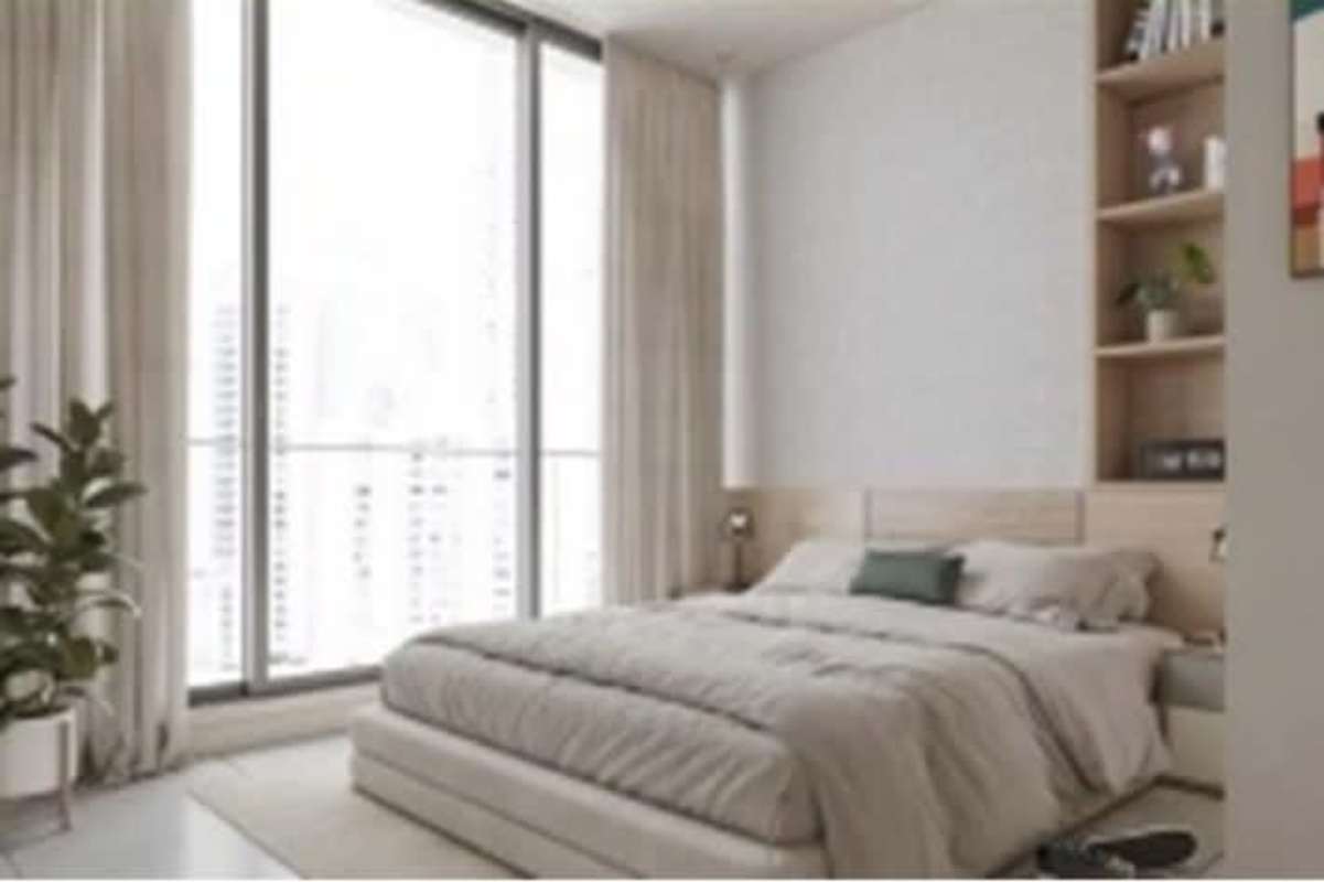 Minimalist master bedroom with floor-to-ceiling windows, built-in shelving, and skyline view in PH Bella Vista Smart Panama
