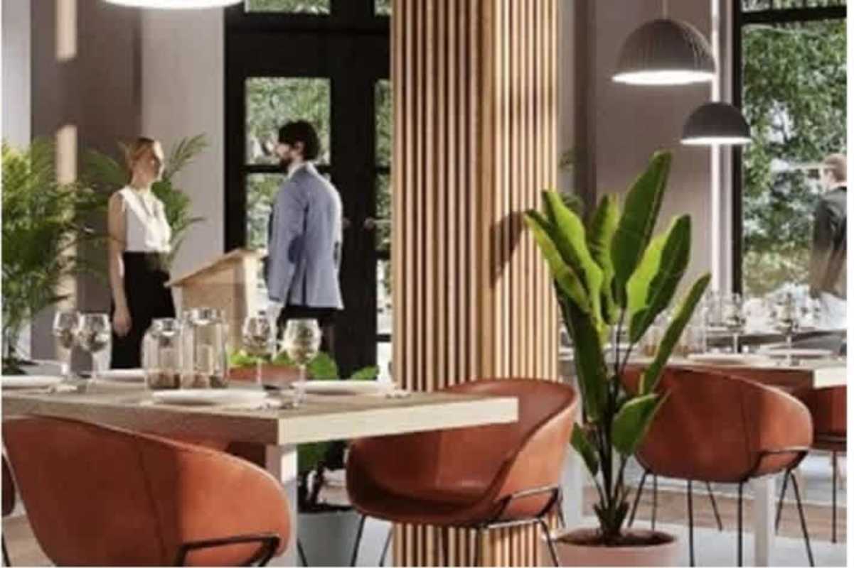 Modern designed restaurant dining area with large windows in Casco Viejo historic commercial listing Panama City