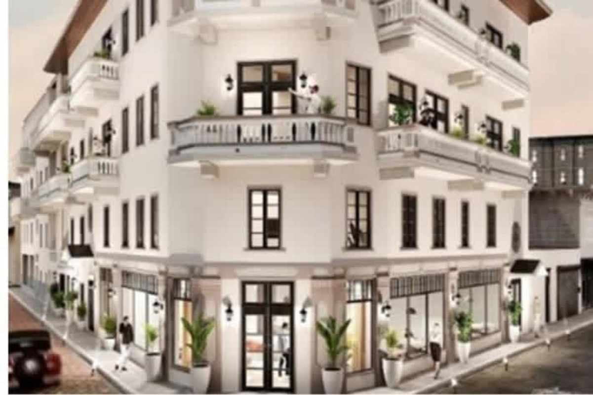 Corner view of restored Mediterranean style colonial building with retail spaces in Casco Viejo San Felipe Panama