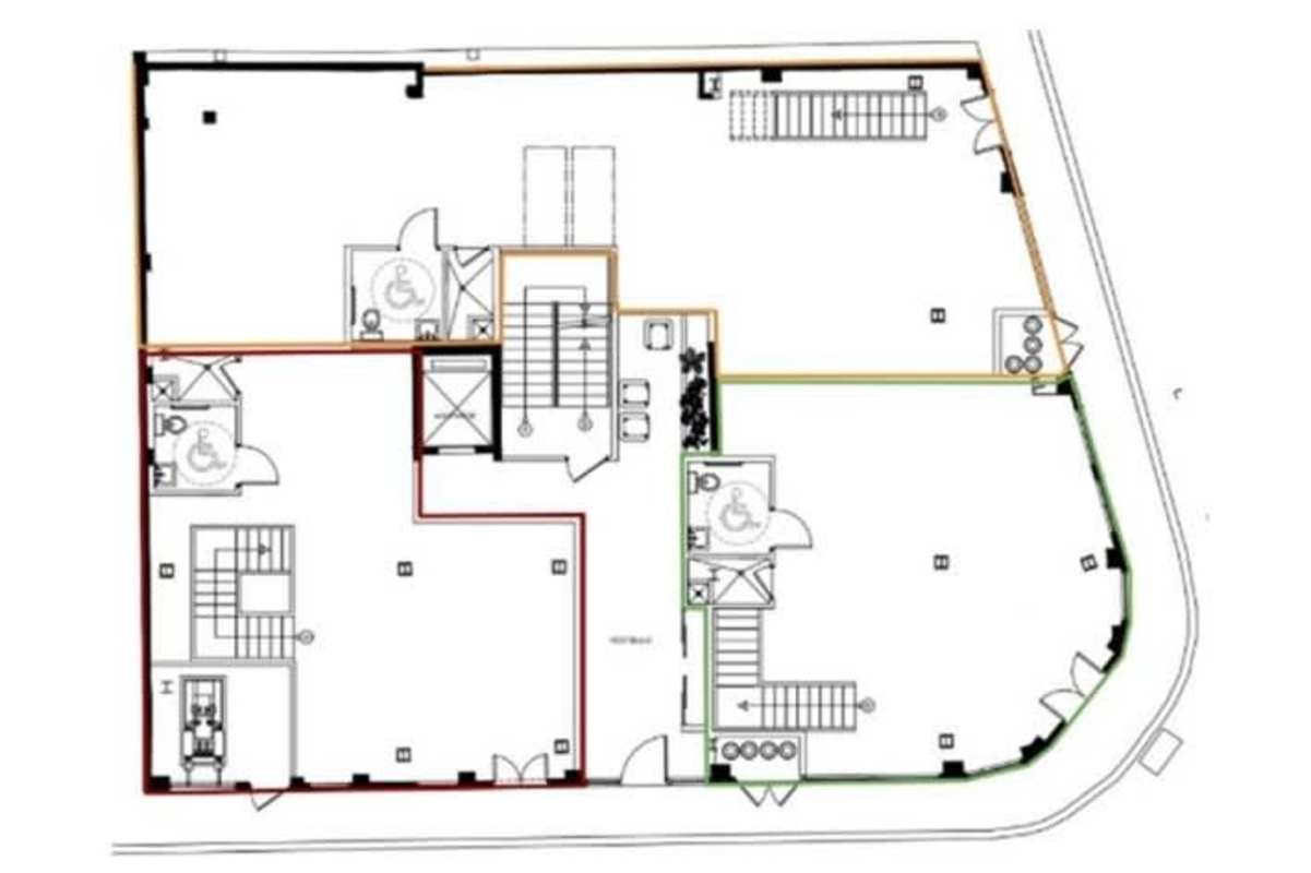 Floor plan of colonial commercial property with elevators and restrooms Casco Viejo San Felipe Panama