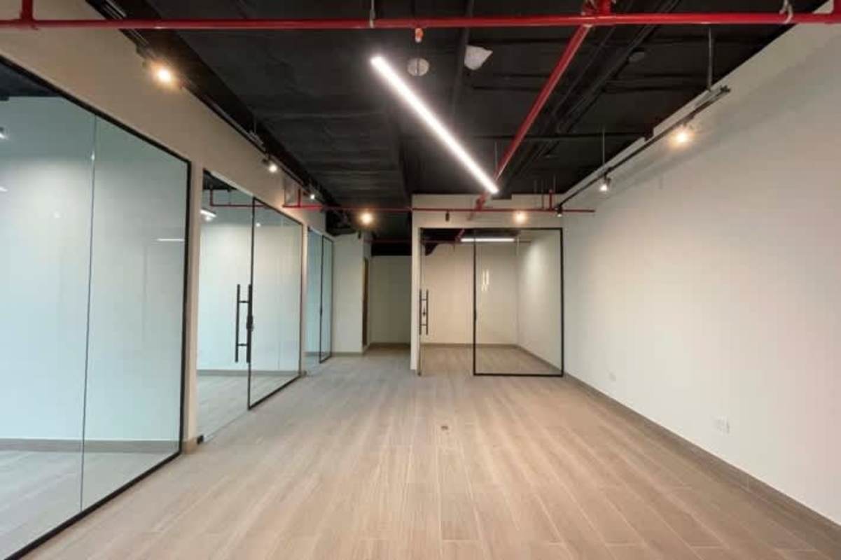 Compact kitchenette with panoramic skyline views in Tower Financial Center office space Obarrio Panama City