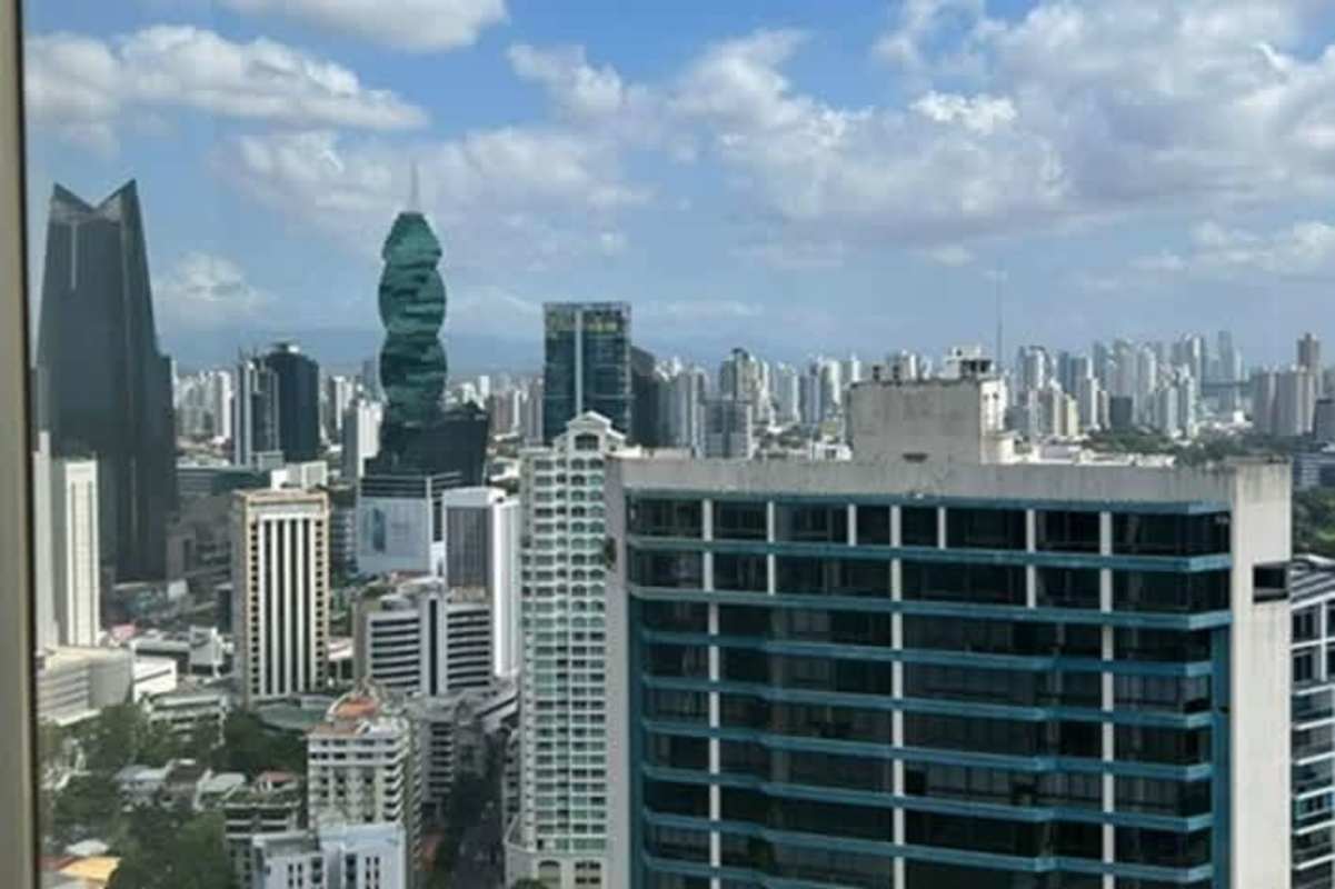 Beachfront skyline with luxury condos, commercial buildings and coastline in Panama City