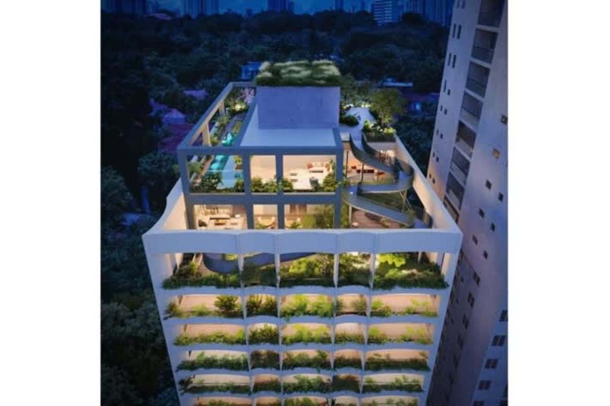 Rooftop garden with pool lounge lighting at night PH A19 Coco del Mar Panama