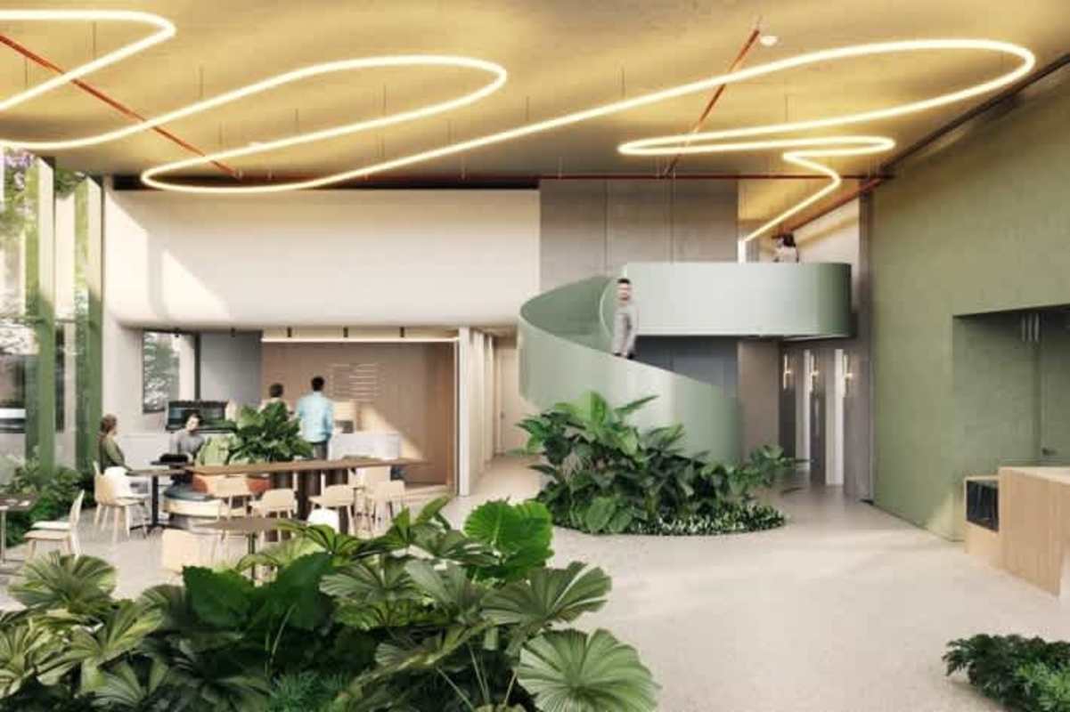 Biophilic design lobby with large plants and spiral staircase PH A19 Panama City