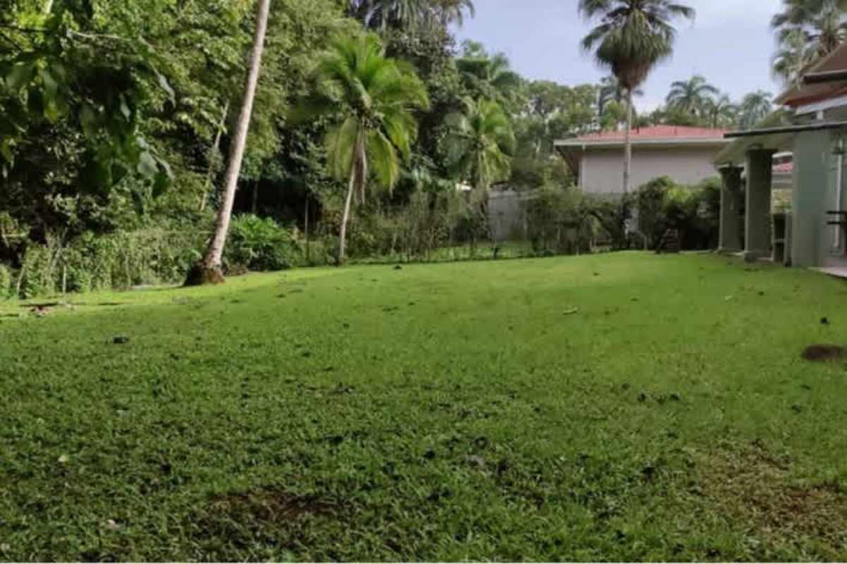 Covered terrace overlooking garden and private pool at luxury house in Clayton Panama Hola Realty