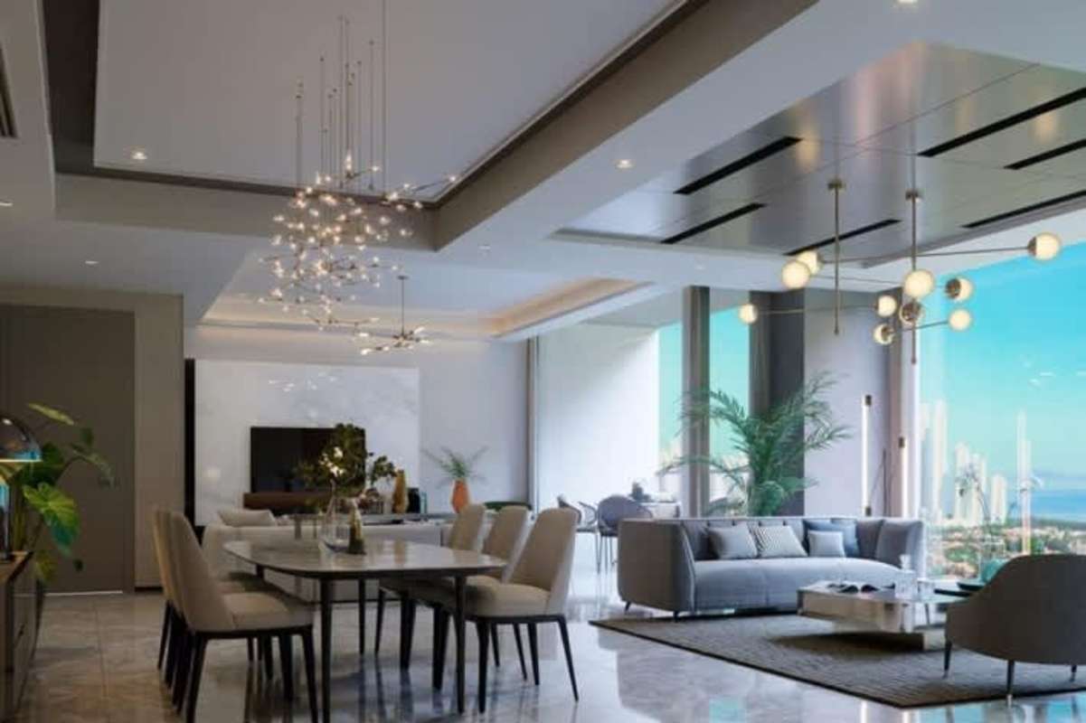 Modern rooftop infinity pool with lounge area city skyline view luxury condo